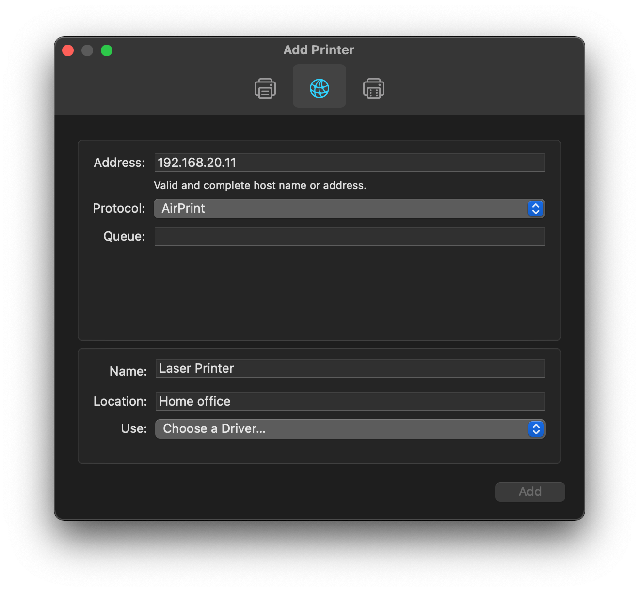 add printer using ip address mac