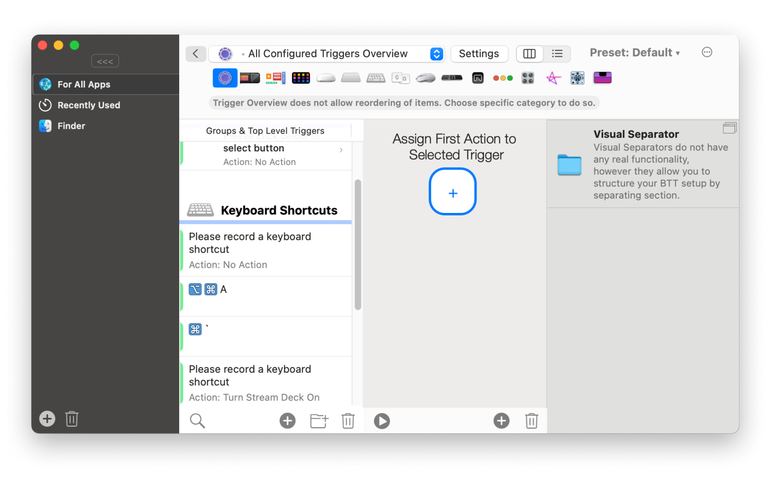 Interface do BetterTouchTool