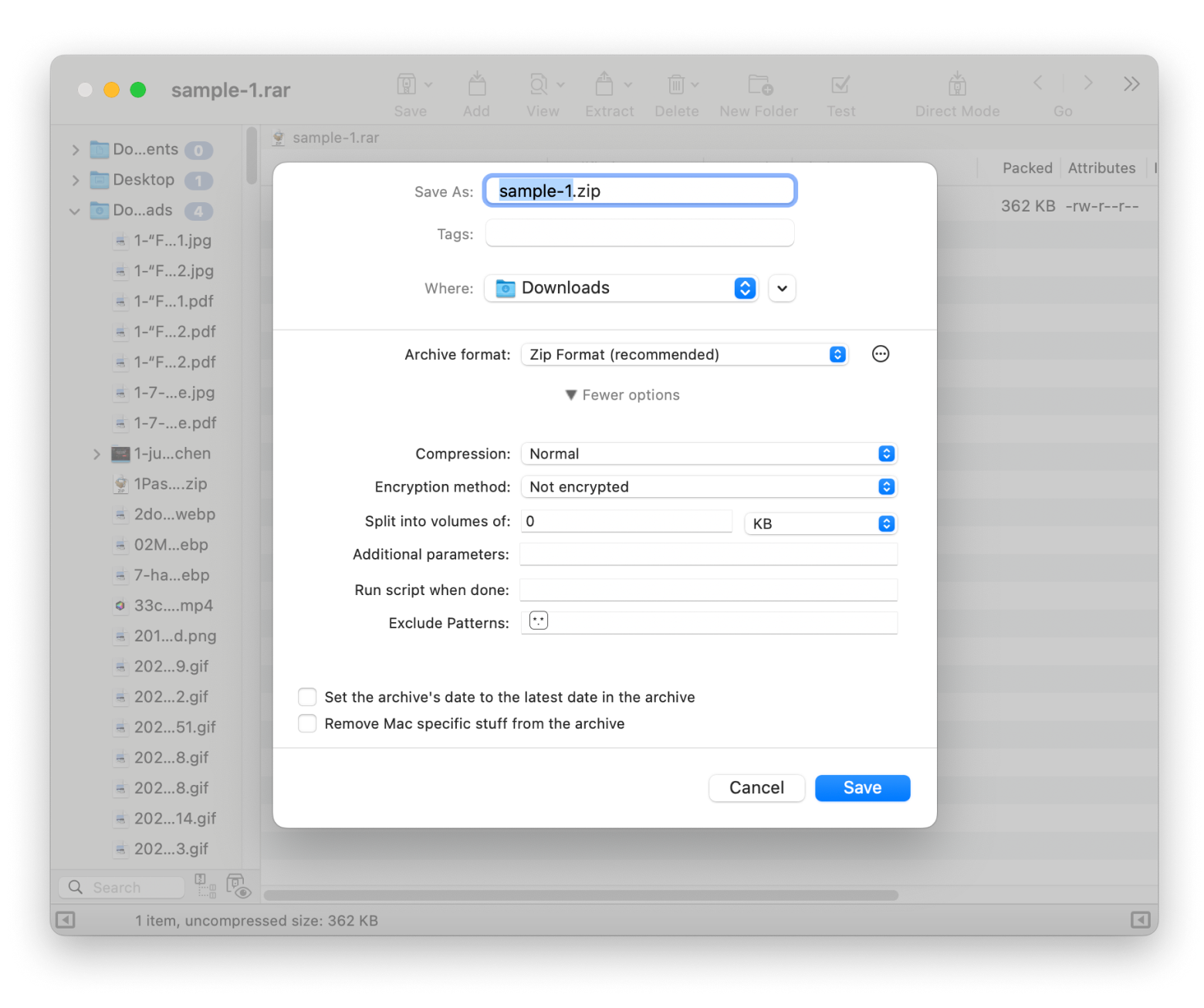 Conversão de RAR para ZIP usando BetterZip
