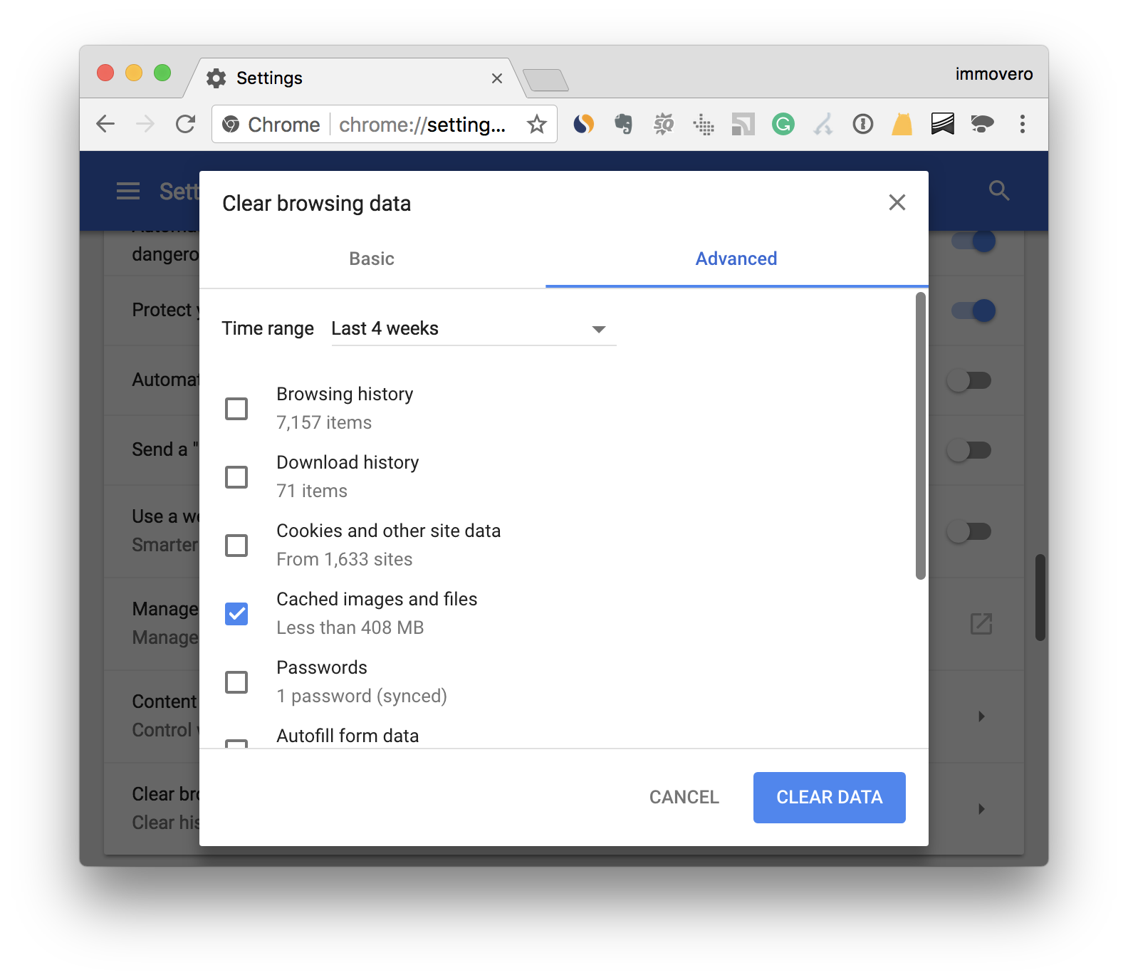 shortcut for clearing cache chrome mac