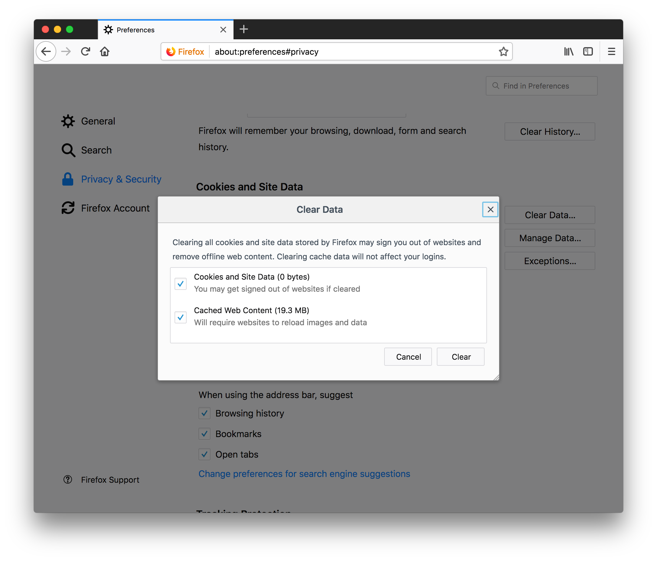 clear cache and cookies on firefox for mac