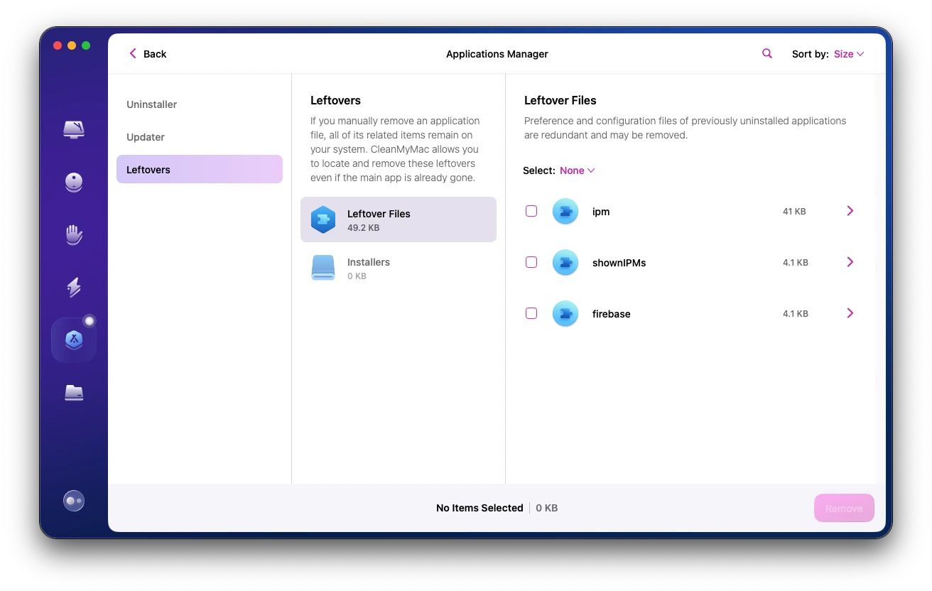 Arquivos residuais de aplicativos