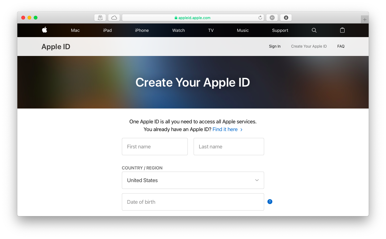 crea l'ID Apple nel browser