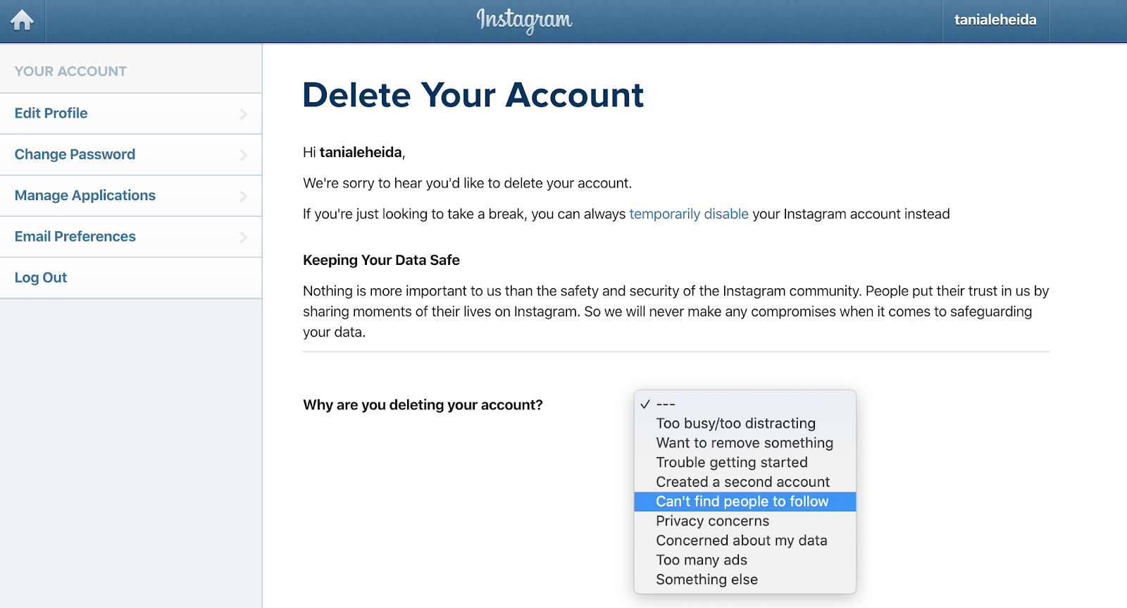 Removing your content. Delete Instagram. Account deleted. How to delete Instagram account. Request deleting account.