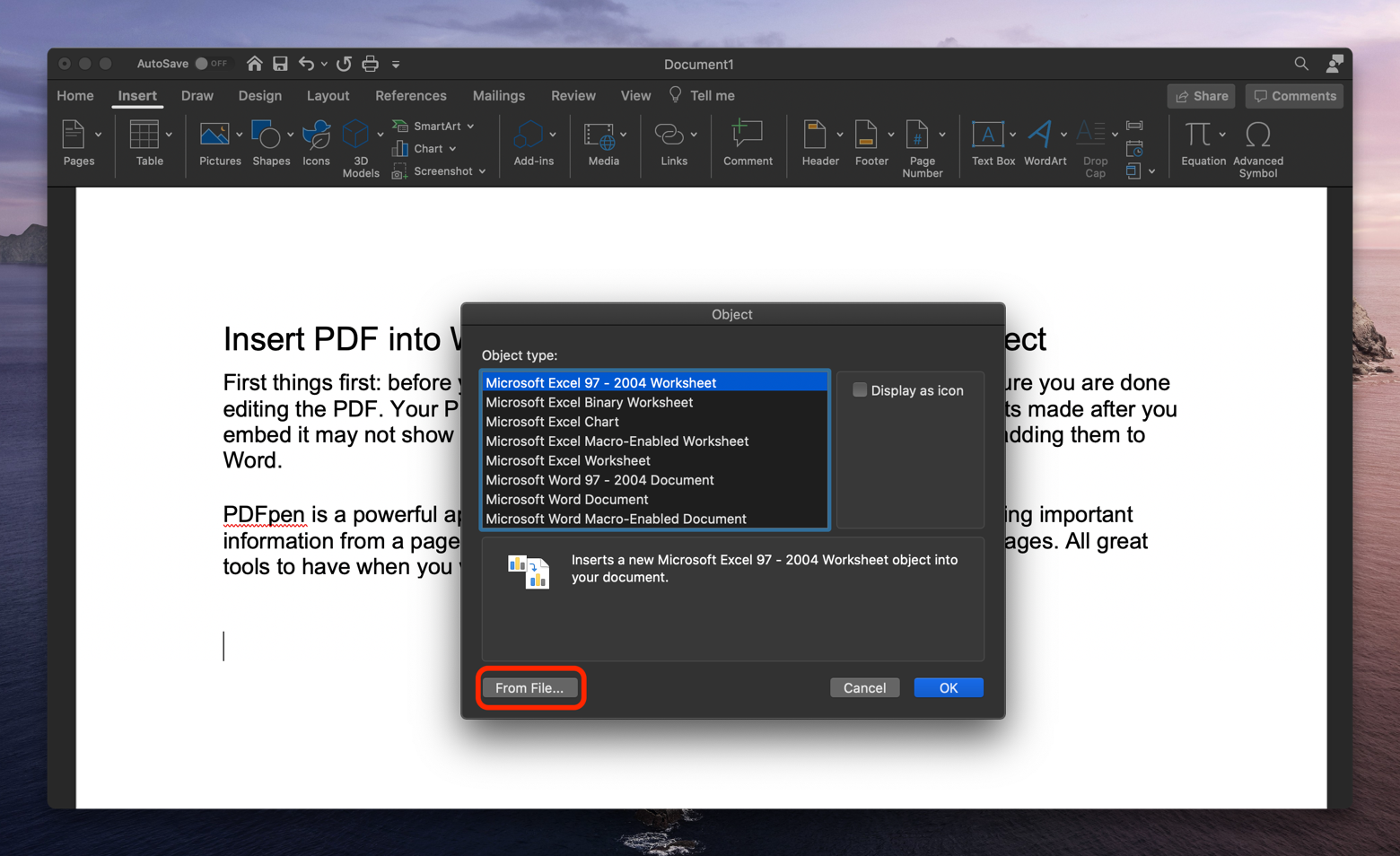 how to insert pdf into word document automatically