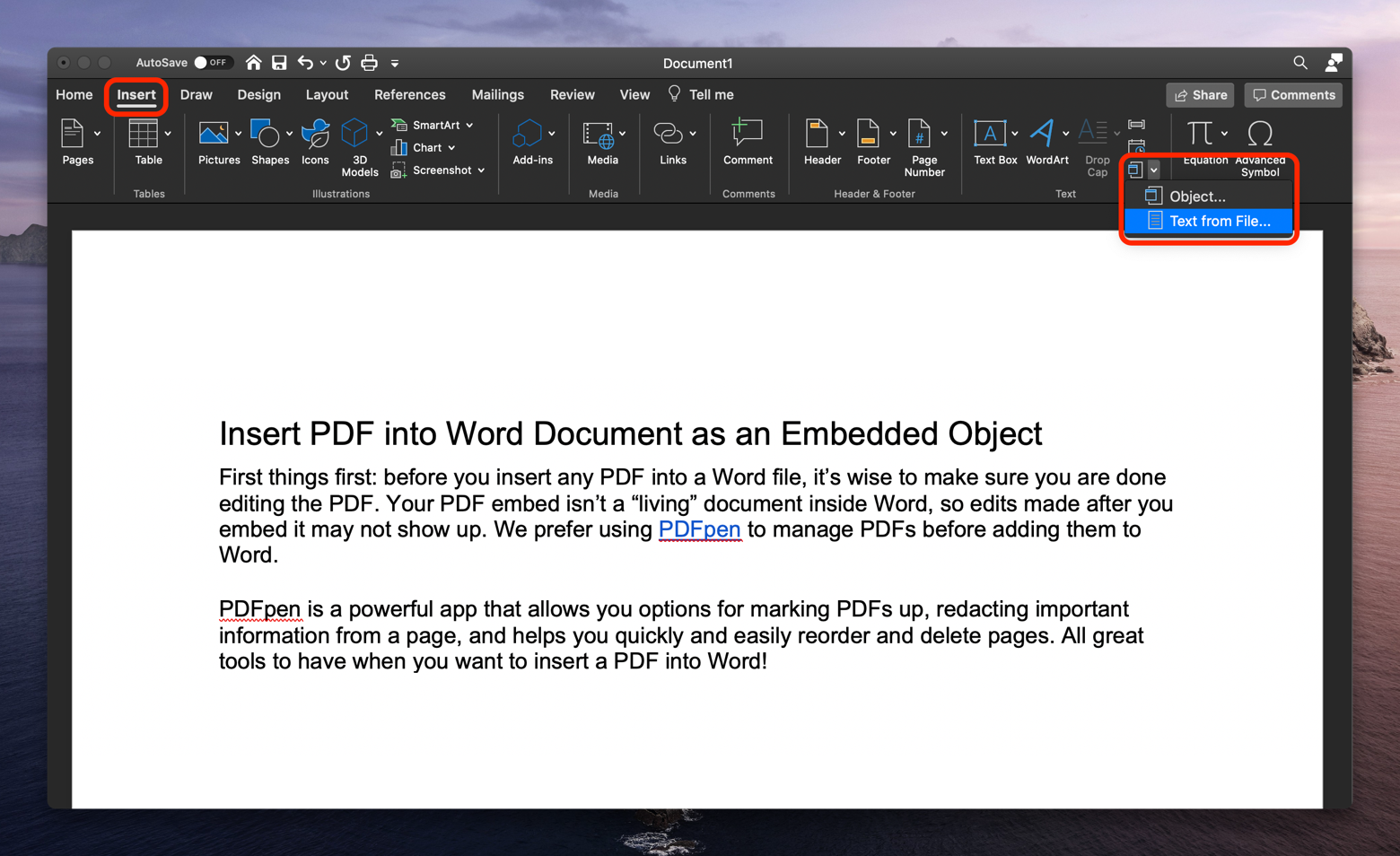 handling embedded pdf files with word for mac