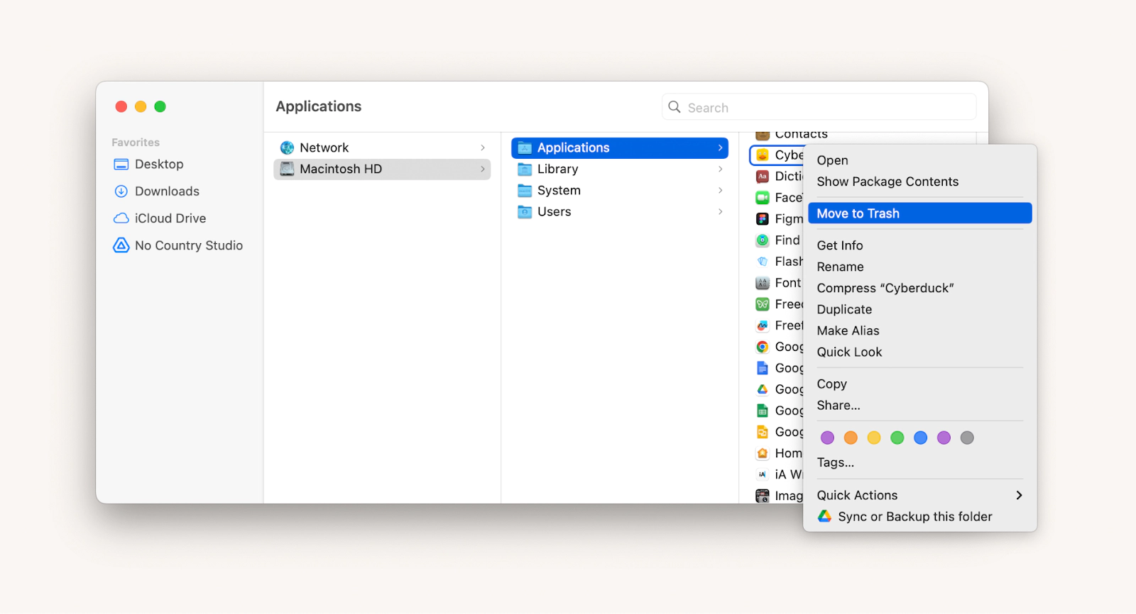 Excluindo um aplicativo da pasta Aplicativos, movendo-o para o Lixo