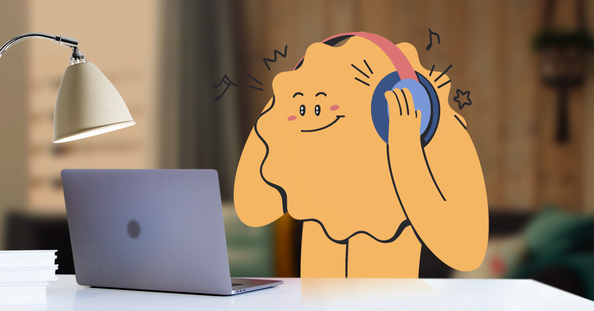  A yellow cartoon character wearing headphones is sitting at a desk and looking at a laptop. There is a lamp on the desk and books and papers in the background. The character is smiling and has its hands on its headphones. The image represents the search query 'Tips for organizing music playlists for productivity'.