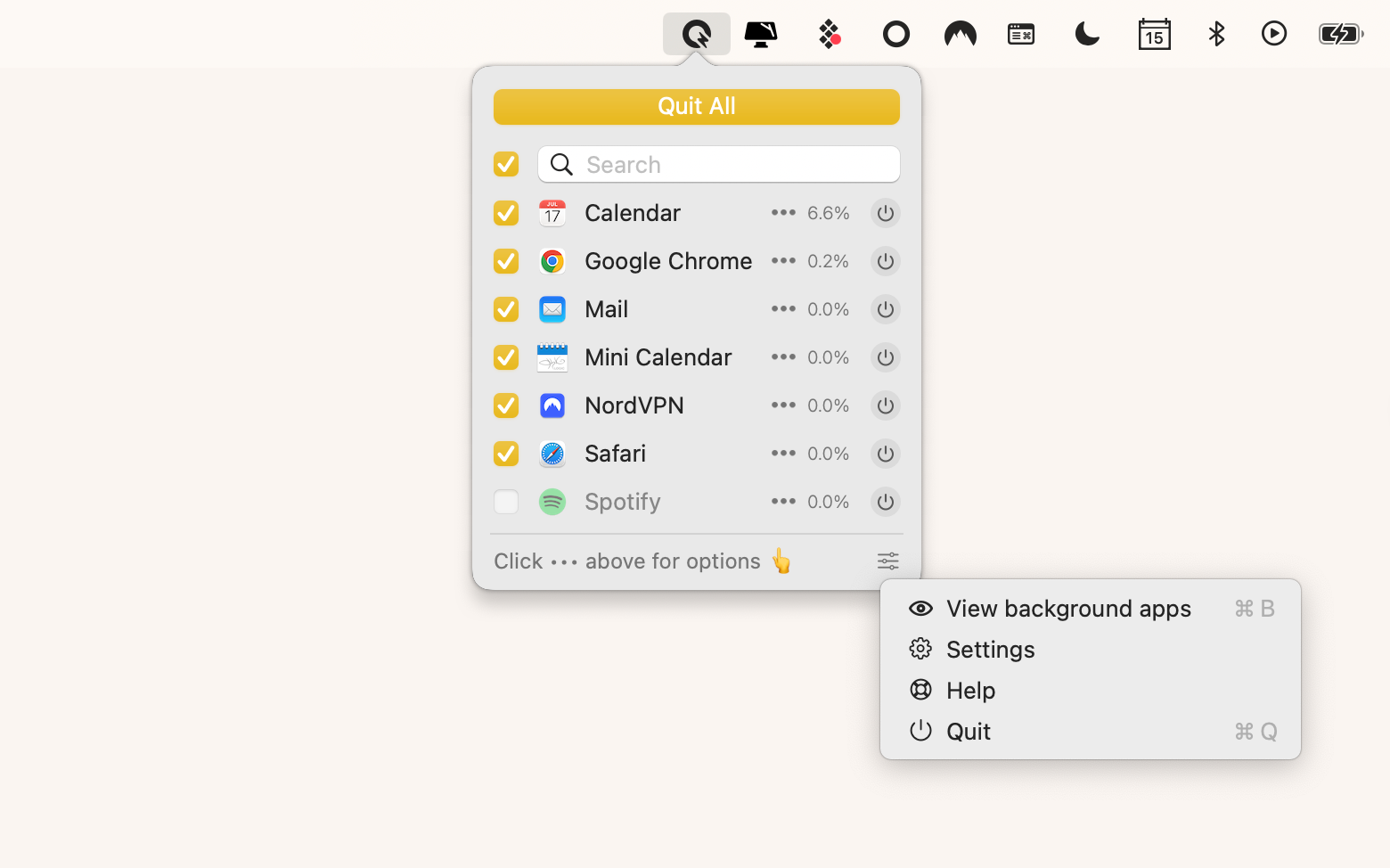 Interface da barra de menu Quit All