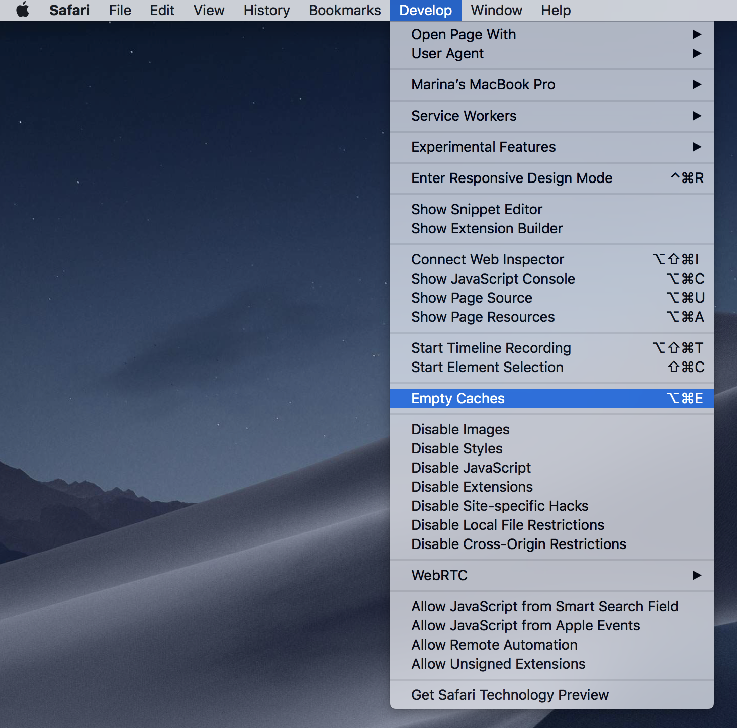 empty cache in safari for mac os x