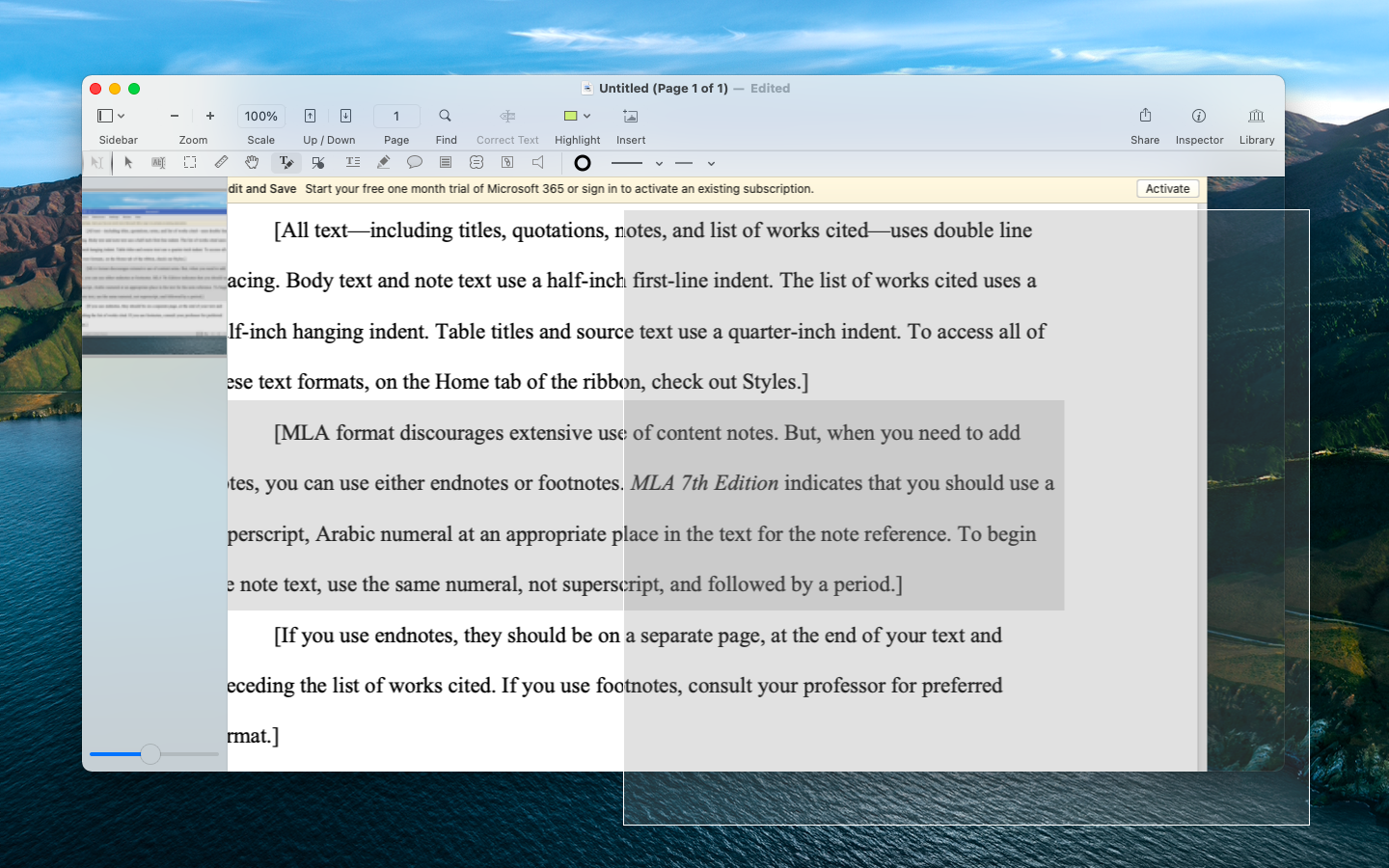 word for mac remove line across page endnotes