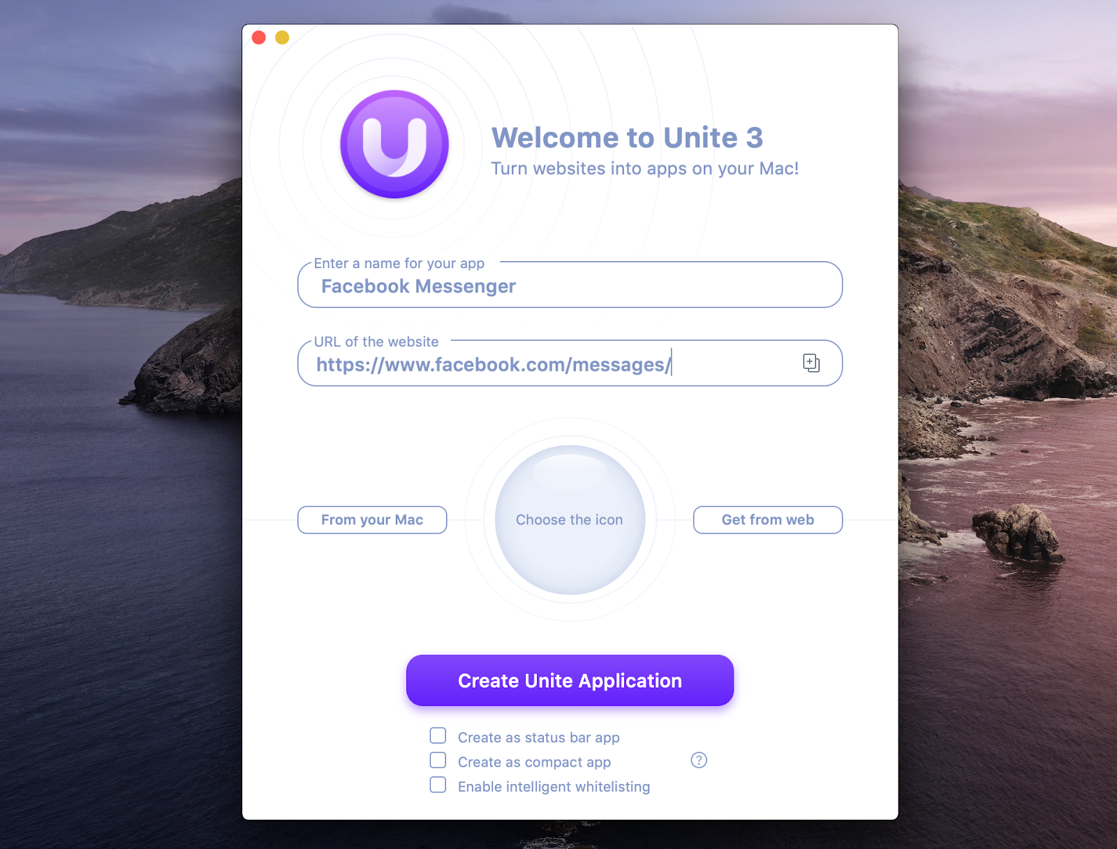 Unite app إنشاء رسول Mac