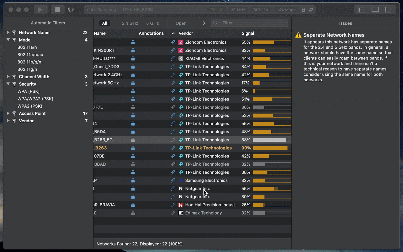 noise level on network 20 or higher wifi explorer